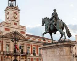 The mounted statue of Charles II of Spain is also located in the square.